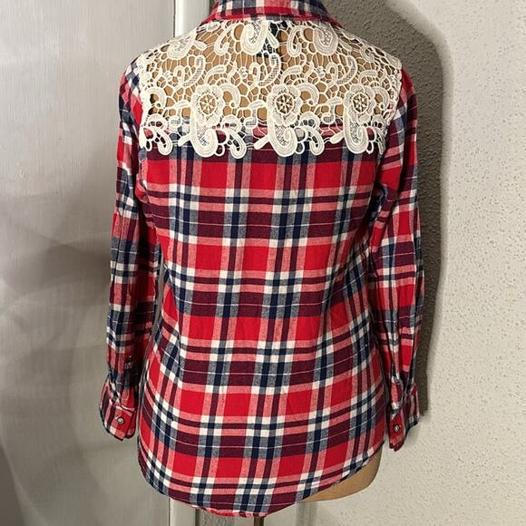 Rue21 Western Plaid Lace Long Sleeve Button Down Top M Costal Cowgirl Boho Chic - Picture 2 of 8